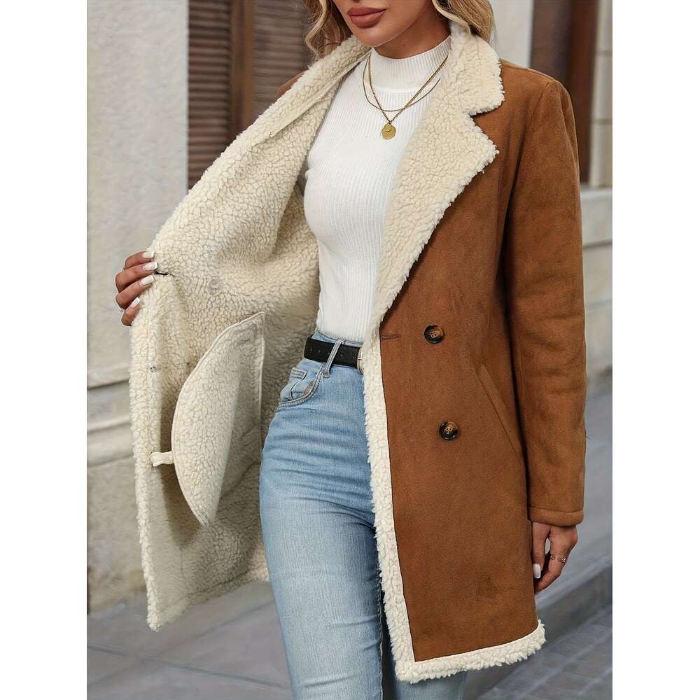 Elegant Coat - Brown Double-Breasted Jacket With Fluffy Lining, Button-Up Front, And Flap Pockets For Fall/Winter, Outerwear Chic Long Sleeve | Button