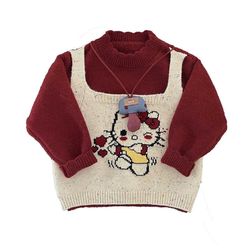 Sanrio Girls Autumn Winter Fake Two-Piece Sweater 2025 New Korean Style Baby Cute KT Cat Knitted Top Infant Stylish Top H251105