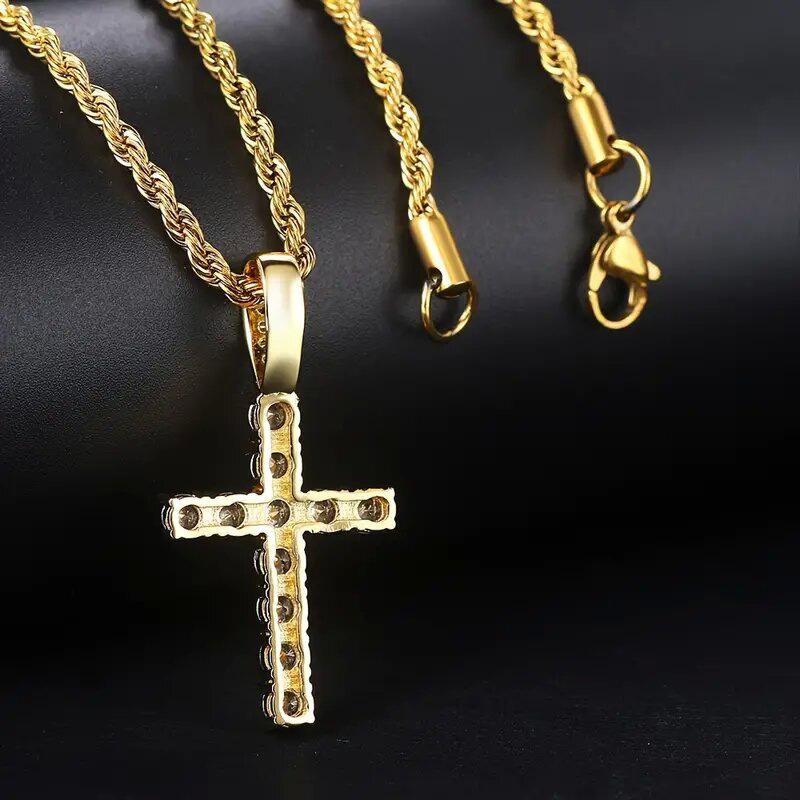 Iced Out White Gold Plated Cubic Zirconia Cross Pendant Necklace With Rope Chain Trendy Hip Hop Cross Faith Pendant Jesus Crystal Necklace For Men Wom