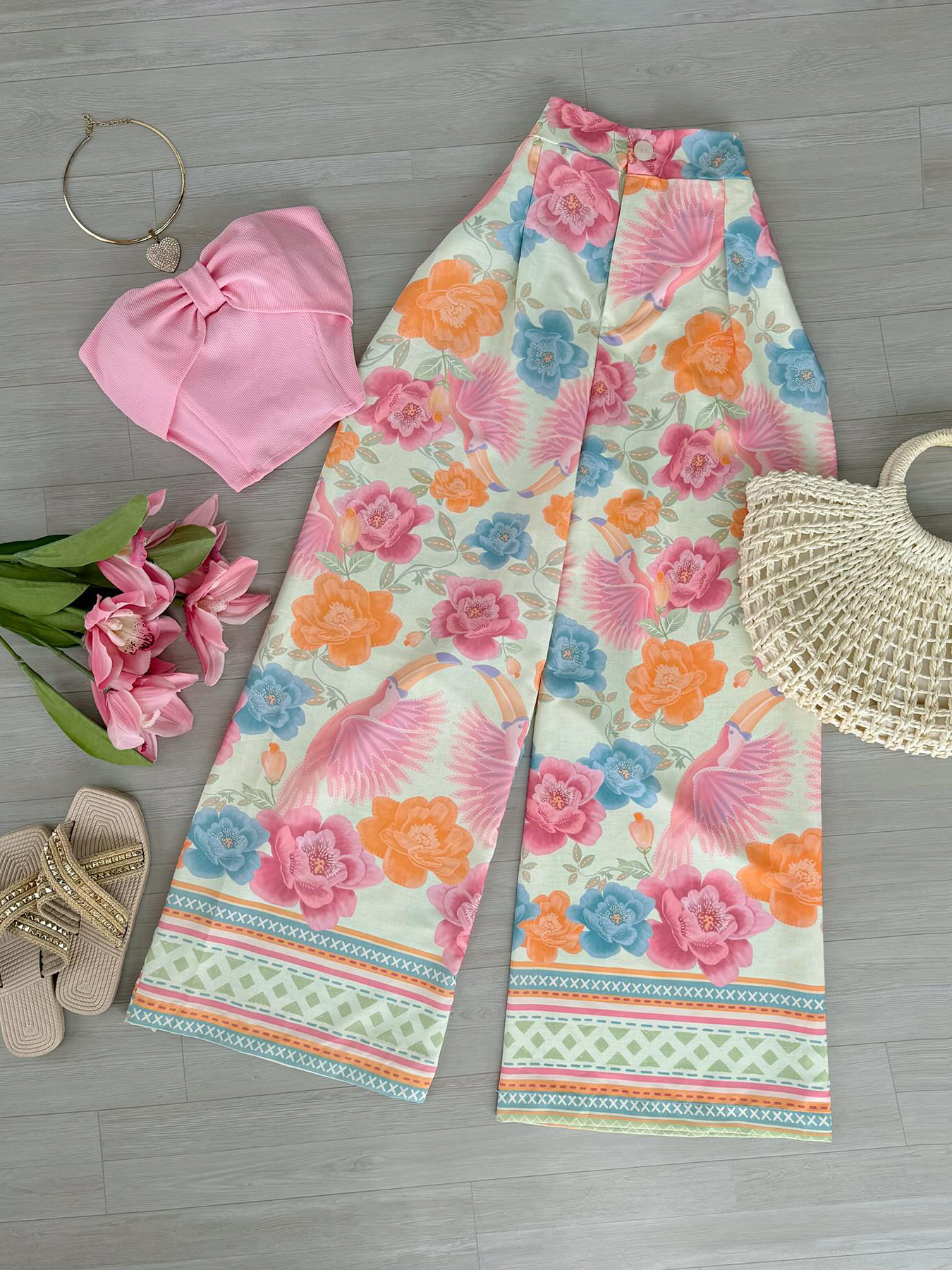 Elegant Powder Hue Ensemble for Her Stylish Street Fashion Two Piece Featuring a Simple Bustier and Flowing Floral Bottoms from Korea Style Apparel Co