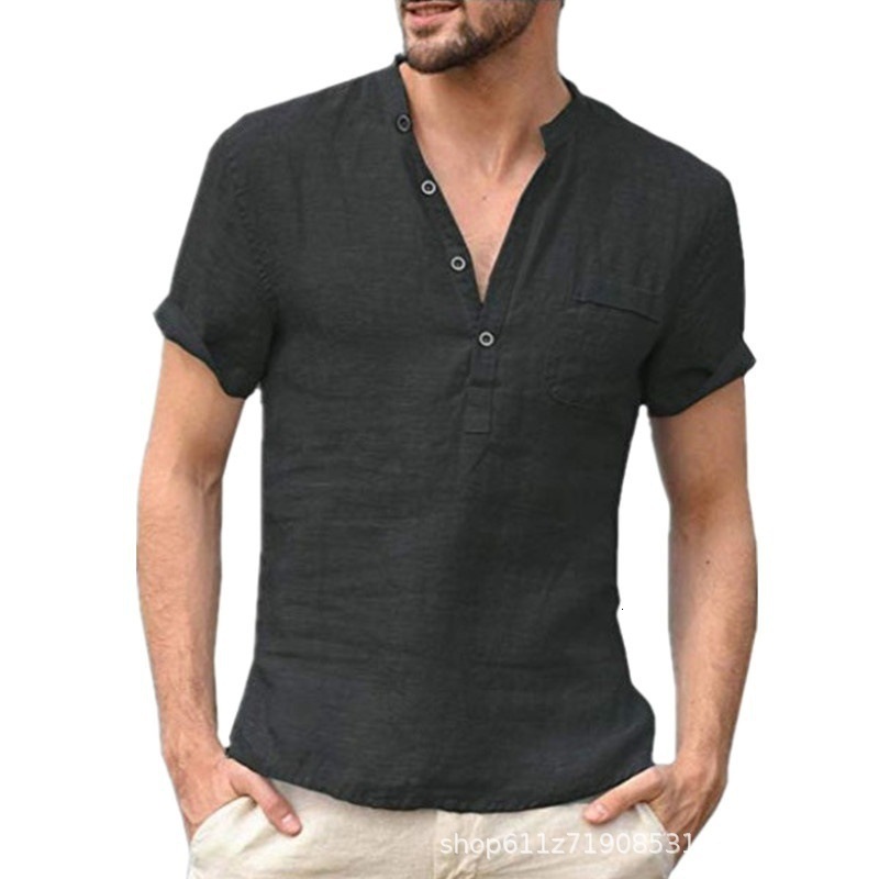 Mens solid color stand up collar half open collar thin short sleeved shirt top mens clothing