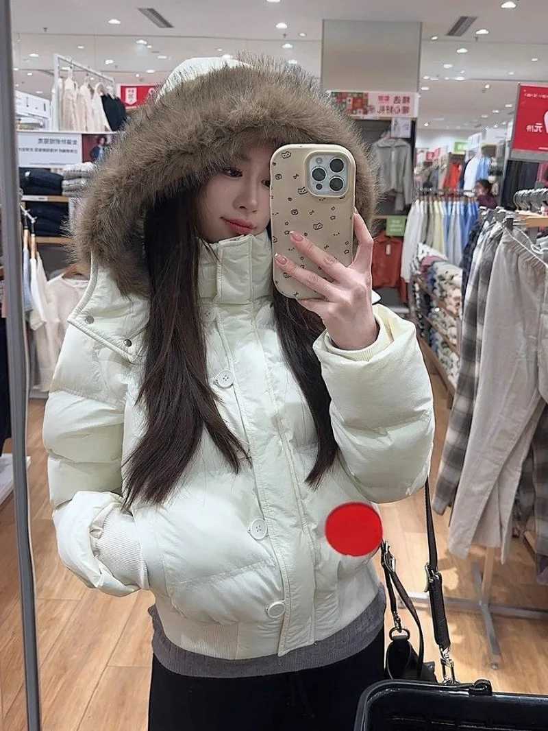 American Retro Trendy Fur Collar Zipper Hooded Winter Coat Women Fashion Simple Street Loose Velvet Warm Harajuku Casual JacketT251105