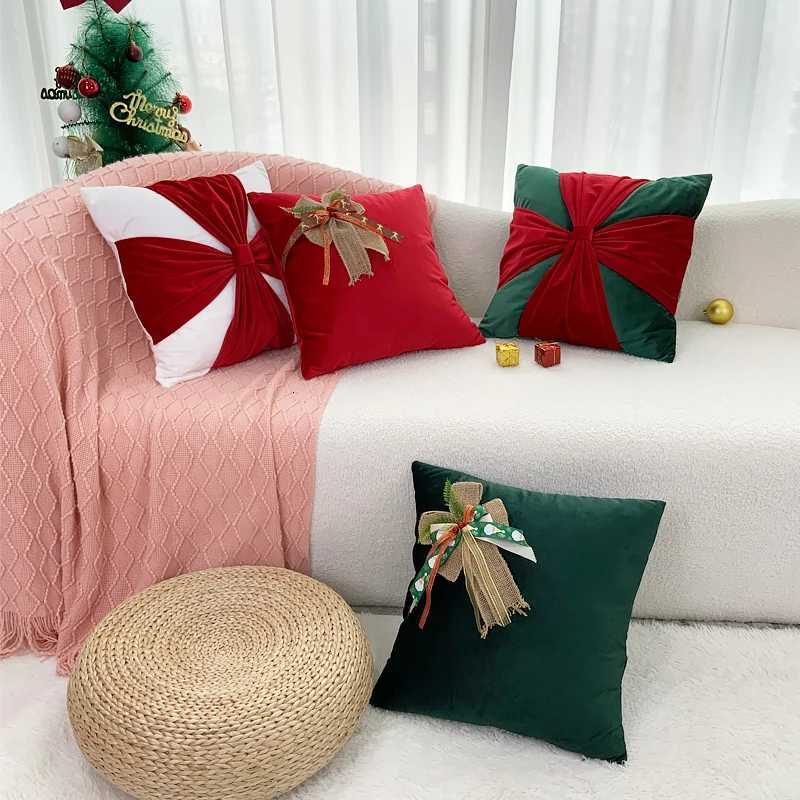 BUYNOW Christmas Dutch Velvet Bow Throw Pillowcase Atmosphere Living Room Sofa Squar 18x18inch Cushion Cover Home Bedroom Decor Y251105