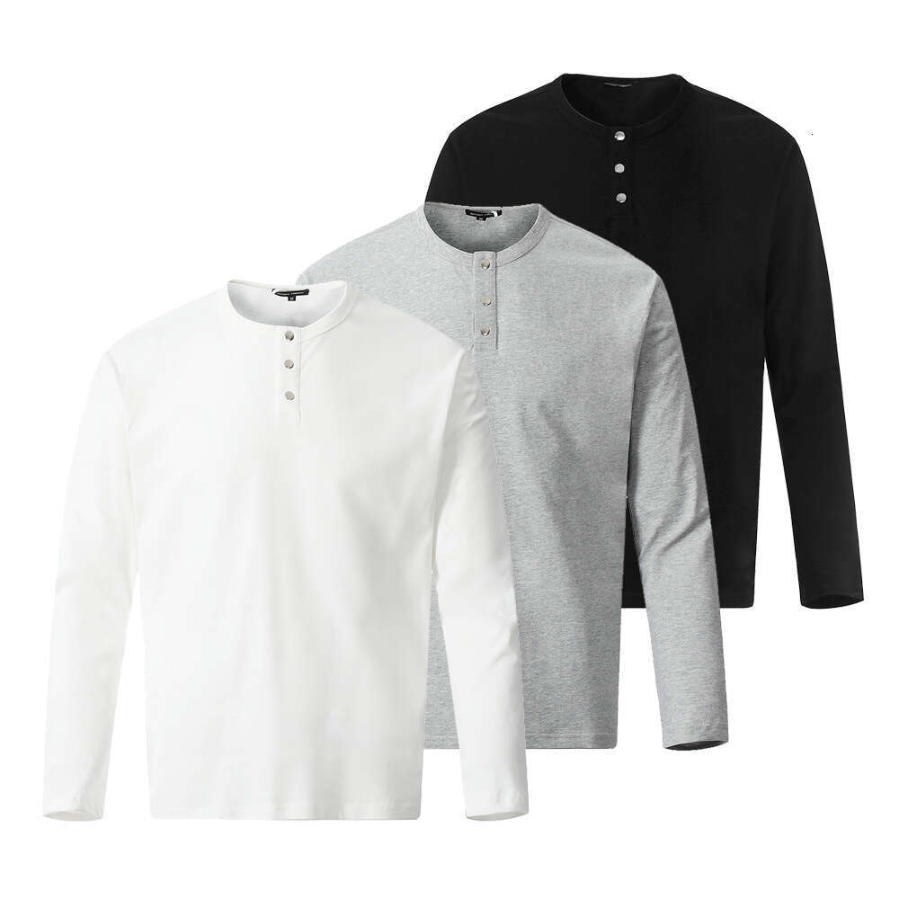 Spring and Autumn Simple Solid Color Base Shirt Men's T-Shirt Trendy American Style Half Button Round Neck Long Sleeve Top INS Tee