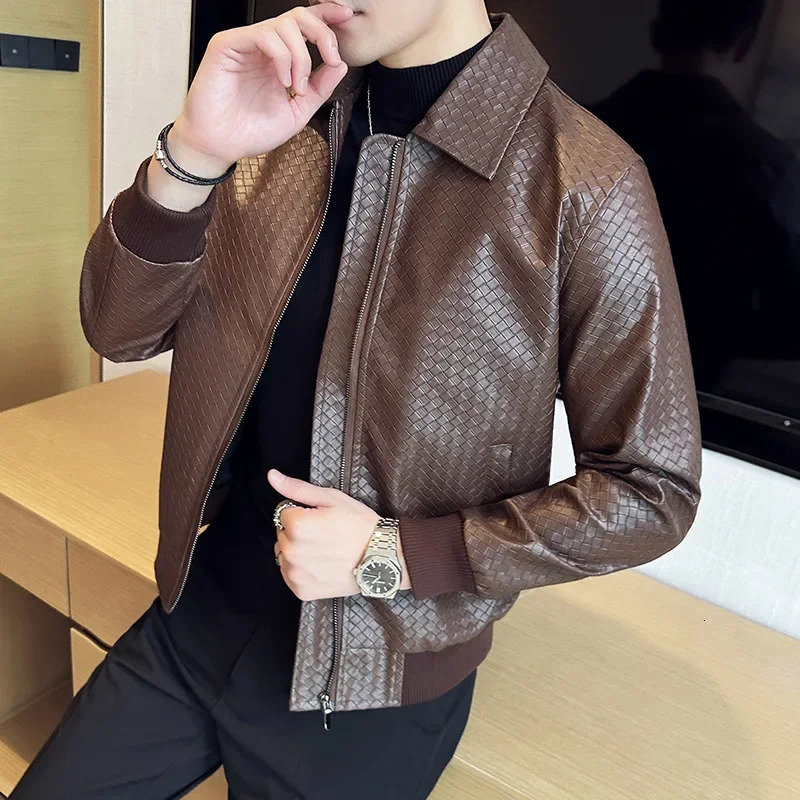 2023 Autumn Winter Men High Quality Woven Leather Jacket Fashion Lapel Business Casual Motorcycle Social Overcoat 251030