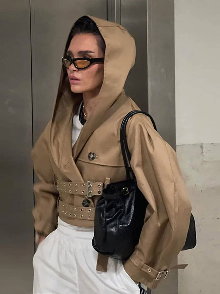 winter jacket women Ladies Jacket Autumn Vintage Hooded Windbreaker Standing Collar Short Coats Lace Up Oversize Outwear New Trending Products