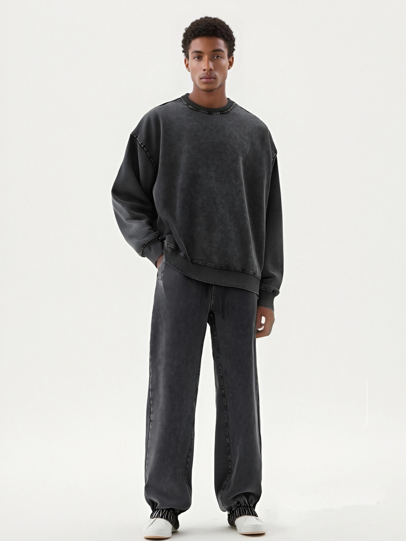 BLNCG Men's Washed Retro Sweatshirt, 100% Cotton Vintage Style, Customizable Oversize Fit -KB-01