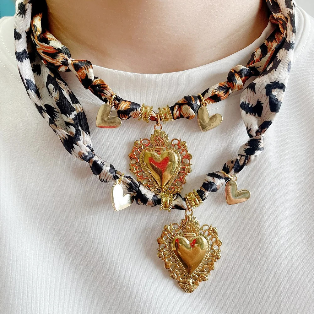 Womens Fashion Scarf Necklace with Large Stainless Steel Heart Pendant Stackable Bandana Jewelry 251031