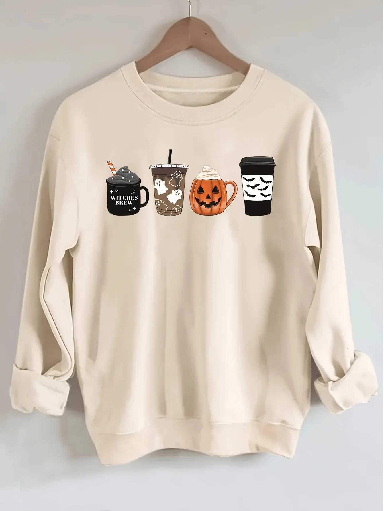Womens Autumn/Winter Casual Wide-Leg Loose Halloween Pattern Print Fleece Long Sleeve Round Neck SweatshirtT251105