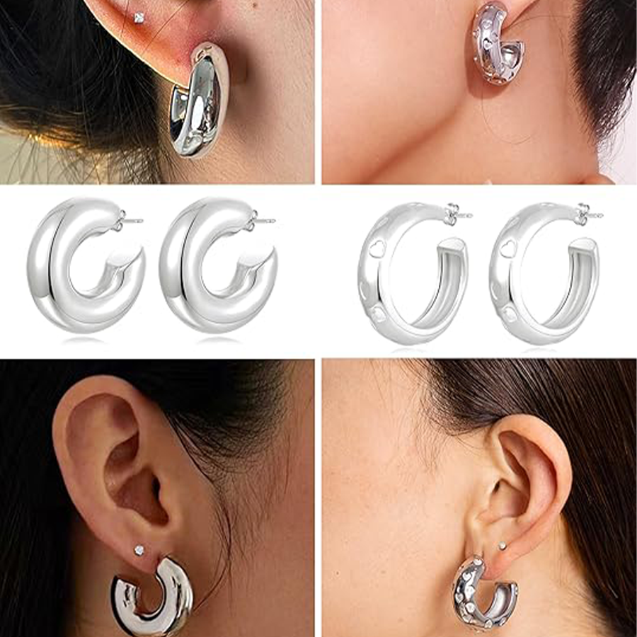 8 Pairs Chunky Hoop Earrings Sets for Women Lightweight Twist CZ Open Huggie Hoops Minimalist Thick Cartilage Hollow Earring Piercing Jewelry Gift Sil