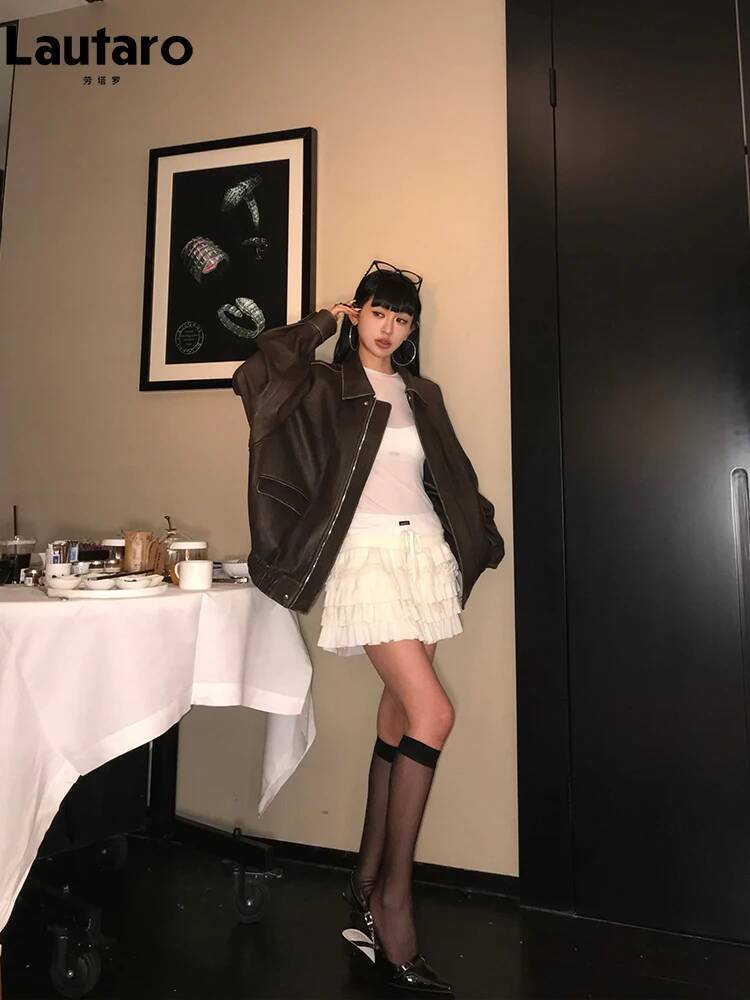 winter jacket women Lautaro Spring Autumn Cool Handsome Retro Oversized Distressed Brown Soft Faux Leather Jackets for Women Zipper Runway Fashion