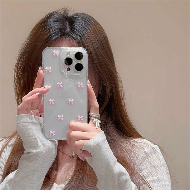 Cute Pink Bowknot Phone Case For iPhone 16 15 14 13 12 11 Pro X XS Max MiNi Plus Korea Girl Soft Cover Epoxy Glitter Shell