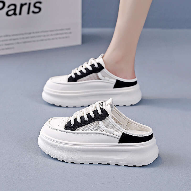 Thick soled half support slippers women, versatile and casual for outdoor wear, 2025 summer new breathable Baotou white shoes KT-2661