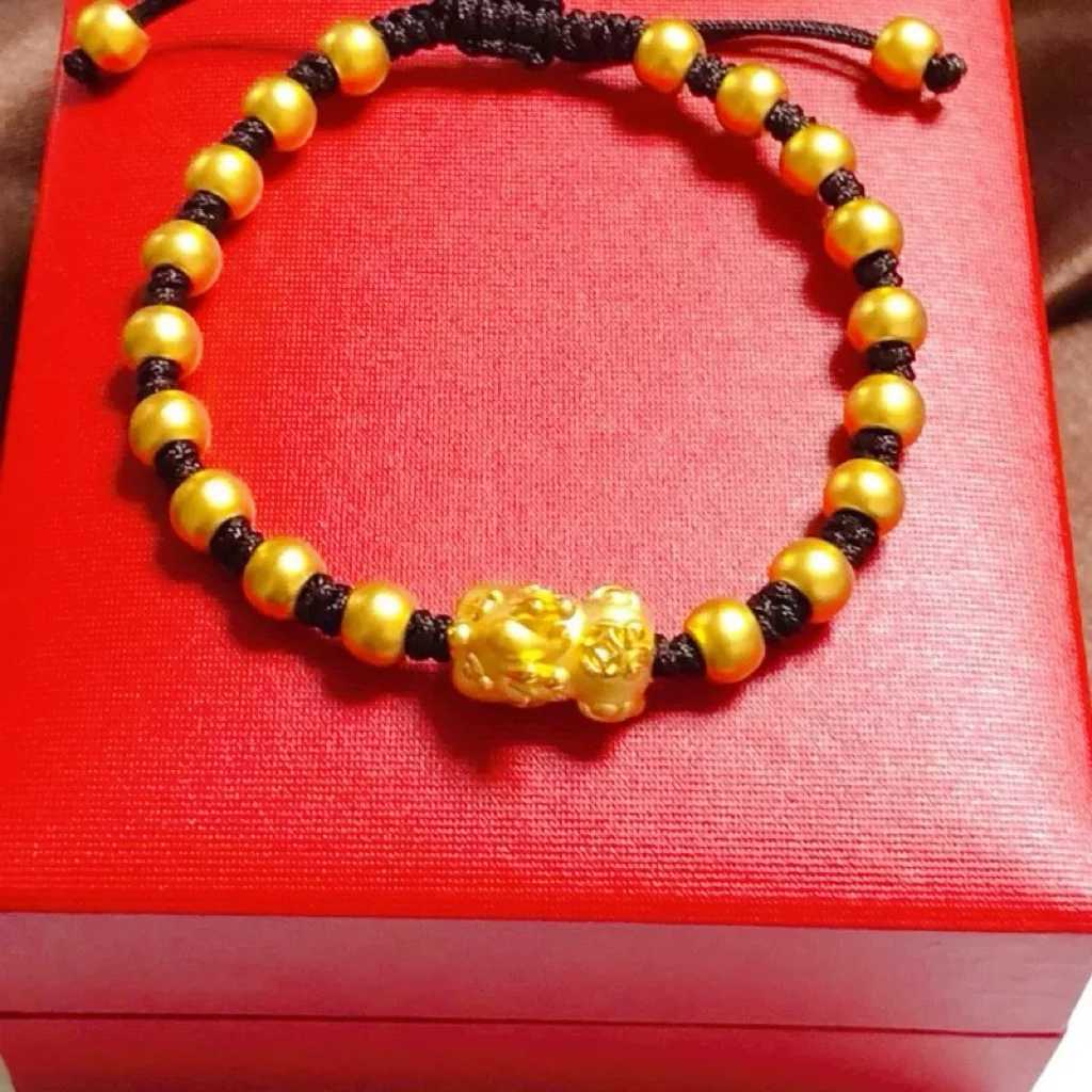 Chinese Pixiu Lucky Bead Gold 24K Gold AU999 Womens Translucent Beads Matte Pixiu Adjustable Cord Birth Year C251105
