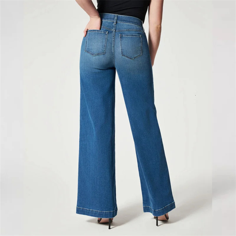 Fashionable wide leg mid waist elastic jeans for women washed denim pants commuting trend casual Trouser splicing legs 250403