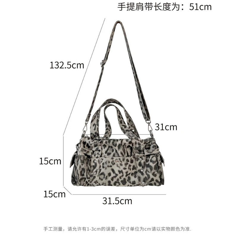 Leopard Print Barrel Shoulder Bag with Rivets Moto Biker Crossbody Bag for Women Retro Fashion Trendy Tote Bag 251031