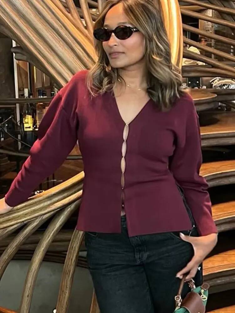 winter jacket women HH Women Elegant Knitted Coats Fashion Burgundy Red V-neck Slim Cardigan Autumn Office Lady Chic Solid Long Sleeve Outerwear