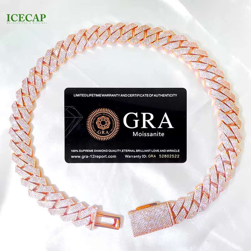 Hot Moissanite Chain Miami Cuban Link Necklace Men Hip Hop 925 Silver Rose Gold Plated 20mm Moissanite Cuban Link Chain Men