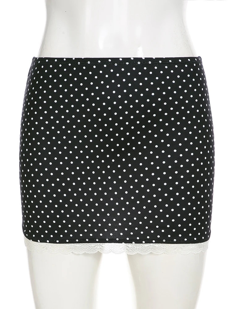 IAMSURE Slim Dot Printed Lace Trim Bodycon Skirts Casual Mid-Waisted Super Mini Skirts Women 2025 Summer Fashion Streetwear Lady 250402