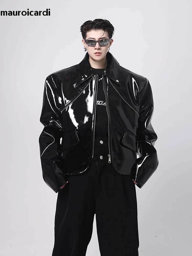 Mauroicardi Spring Autumn Cool Loose Short Black Shiny Reflective Patent Faux Leather Jacket Men Zipper Luxury Designer Clothes C251105