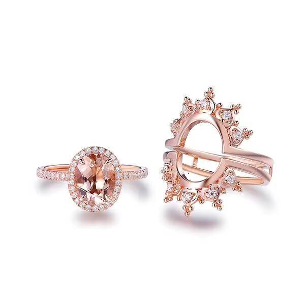 925 Sterling Silver Unique Tiara Design Fine Oval Pink Morganite Ring Set