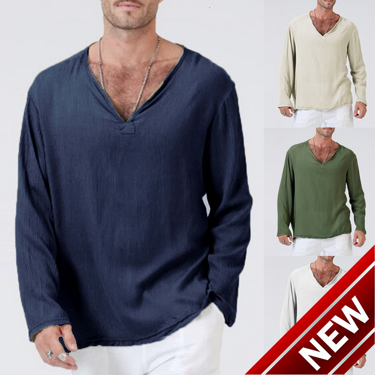Spring new mens cotton and linen solid color V-neck casual loose oversized long sleeved T-shirt shirt