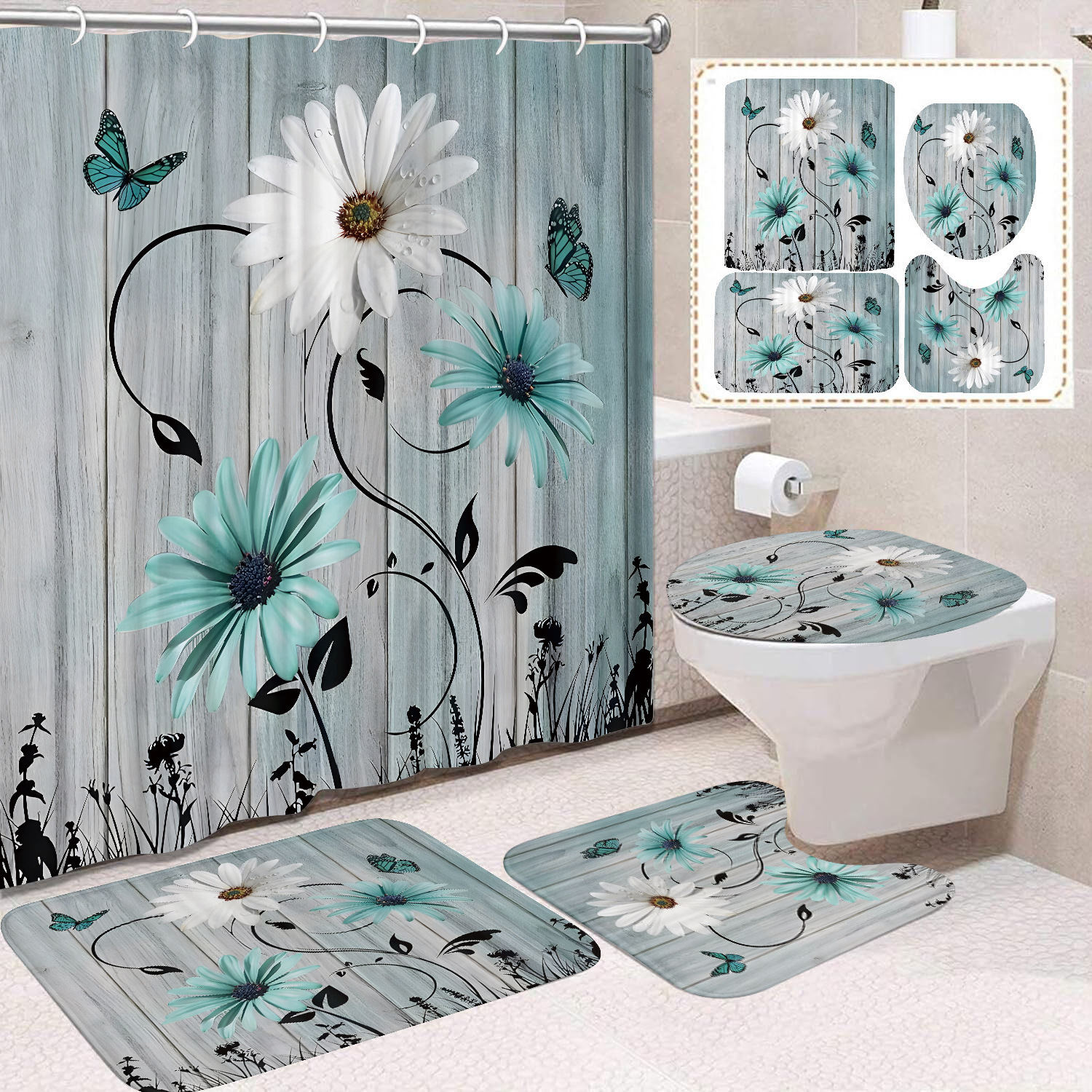 YL-37635 Customized 3D Watercolor Butterfly and Daisy Shower Curtain/Toilet Partition Curtain/No-Drill Curtain/Shower Curtain