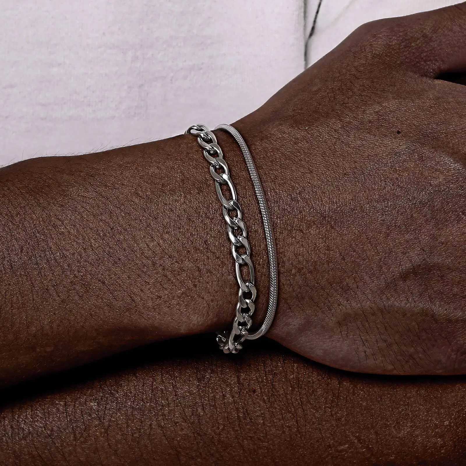 2pcs Stainless Steel Bracelets for MenSilver Color Figaro Chain Links WristbandCasual Jewelry GiftXJ251105