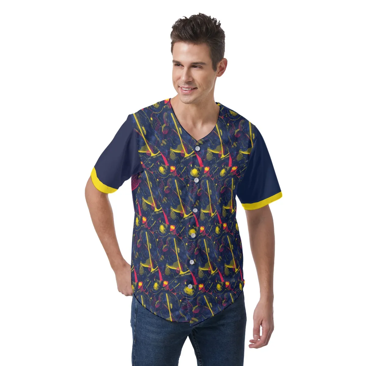 Men's Short Sleeve Baseball Jersey, All-Over Print Breathable Athletic Shirt, Custom Team Uniform 100% Polyester Button Placket