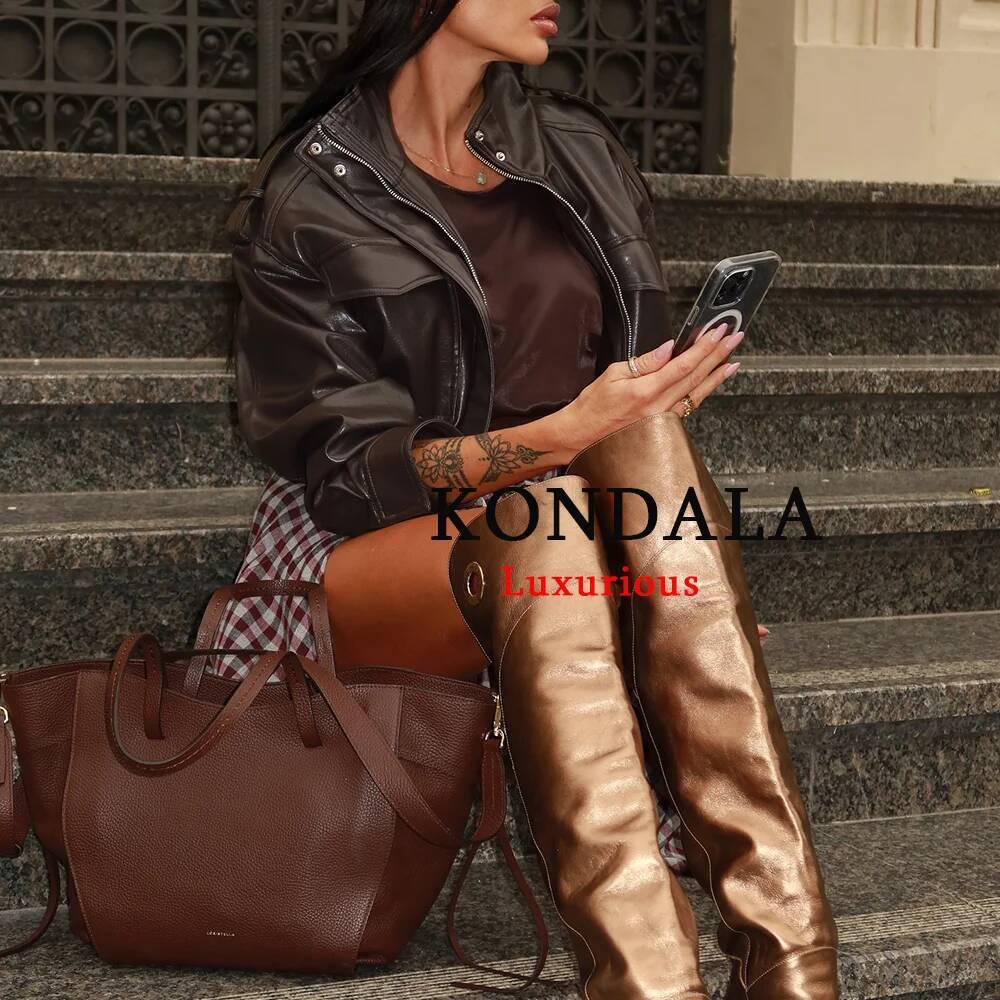 winter jacket women KONDALA Fall Armygreen Leather Women Long Sleeve Pockets Short Bomber Jackets Fashion Streetwear Y2K Girl Outwears