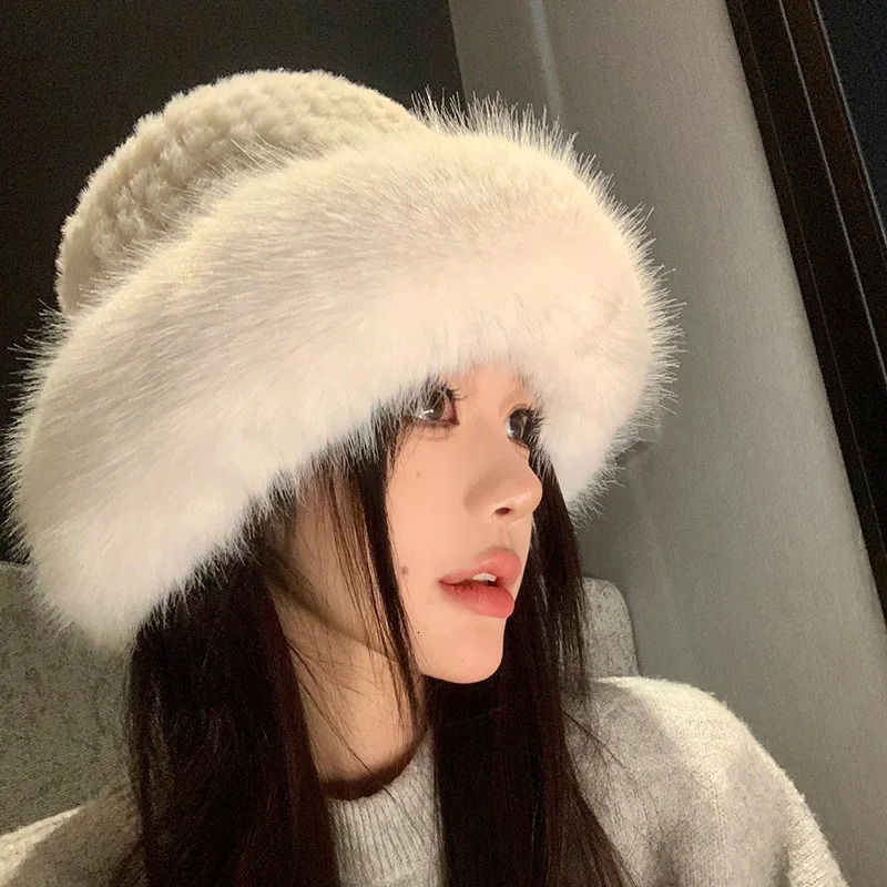 Classical Black White Fluffy Fur Women Bucket Hat Winter Thicken Plush Warm Mongolian Cap JK Korean Cold-proof Furry Basin Caps 251105