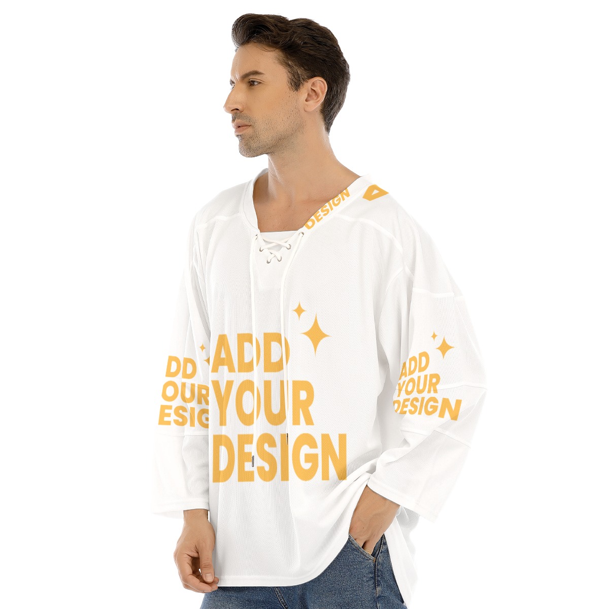 Men's Hockey Jersey All-Over Print, Long Sleeve Crew Neck Sports Shirt with Drawstring, Custom Team Uniform 100% Polyester