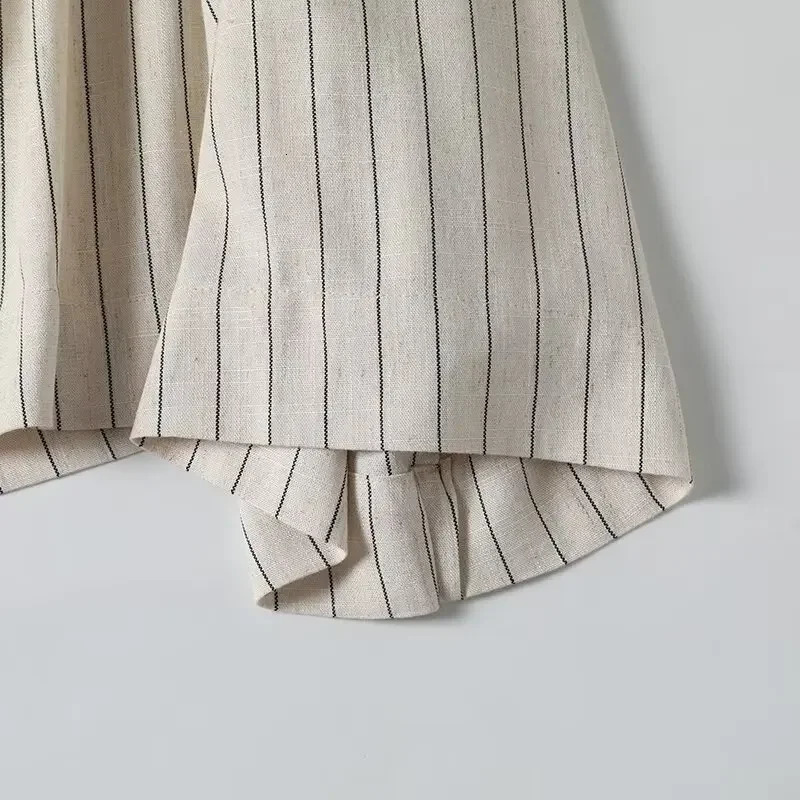 Womens fashion loose linen blend shirt casual striped V-neck retro long sleeved womens shirt chic top 250402