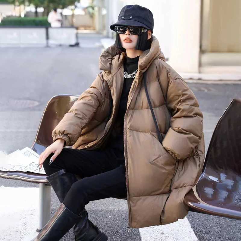 Schinteon Women Down Jacket Casual Loose Over Size Autumn Winter Thick Warm Outwear with Hood White Duck Down Long Coat 2024 NewT251105