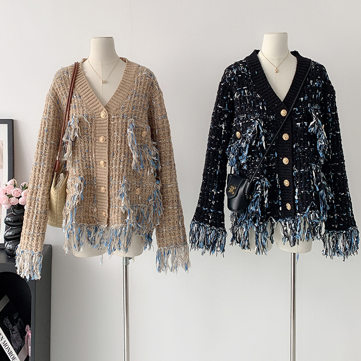 Designer Women's Jackets - Chanel-style Vintage Tassels Patchwork Jacket Contrast Color V-neck Single Breasted Loose Coat Female Casual Fashion T