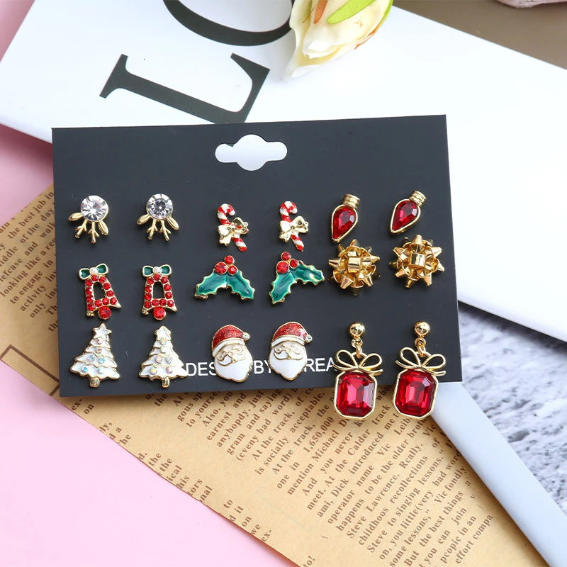 612 Pairs Christmas Earrings Set For Women Shiny Zircon Xmas Tree Snowflake Santa Claus Elk Combination Earring Party Jewelry 251104