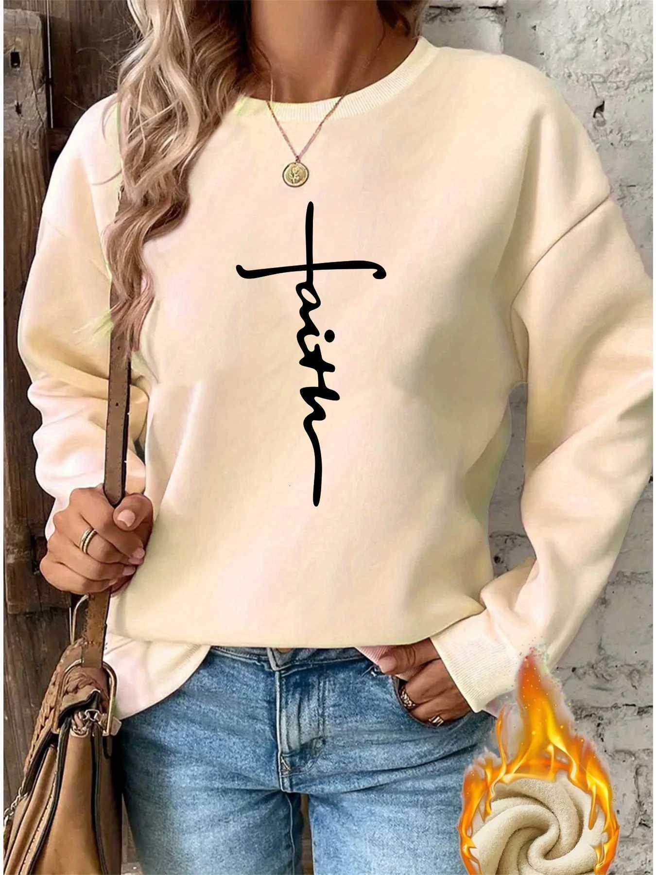 Womens autumn and winter casual fashion loose comfortable warm cross faith graphic printed round neck long sleeved pulloverT251105