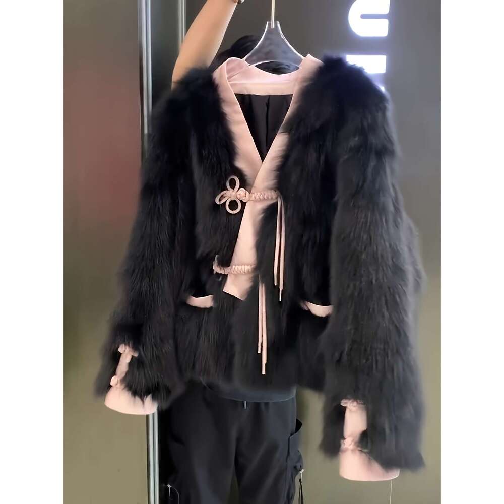Women's Korean Chinese Style Coat H-Line Silhouette With Beltless Single-Button Closure, Pink Black Long Sleeve Fall/Winter, Retro Collar Ruffled
