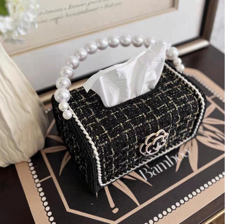 Designer Luxury Creative Tissue Box Napkin Holder Desktop Bedroom Coffee Table Paper Drawer Creative Pearl Handbag 3D Floral Car Organizer Desktop Dec