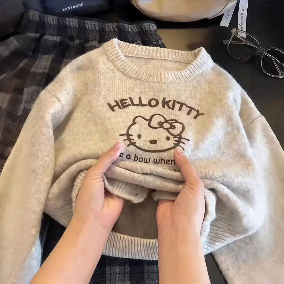 Sanrio Hello Kittys Girls Sweater Autumn Winter New Cartoon Knitted Sweater Bottoming Shirt Jacket Kawaii Childrens Clothing Hoodies H251105