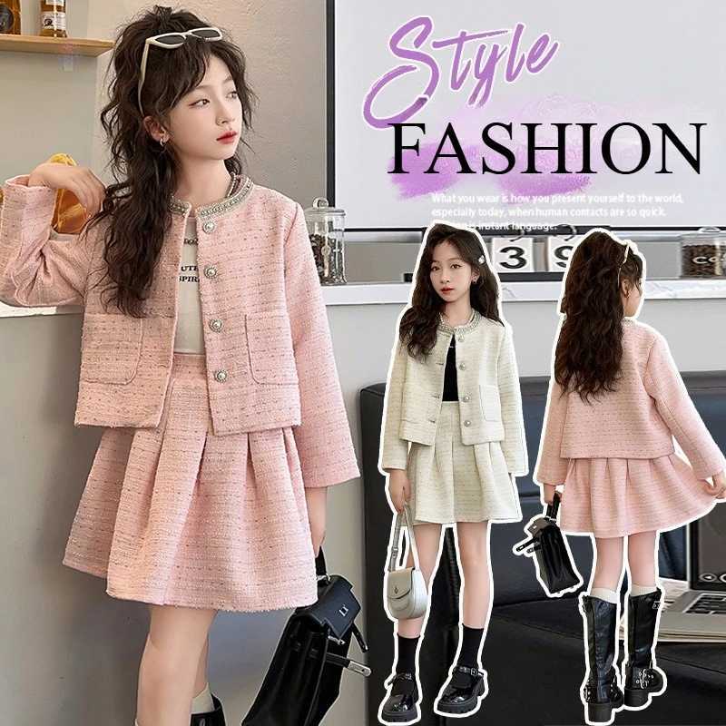 2025 Girls Outfits Set Chic Tweed Jacket Skirt Two Pieces Teen Children Costumes Stylish Spring Autumn Kids Clothes10 12 Years Y251105