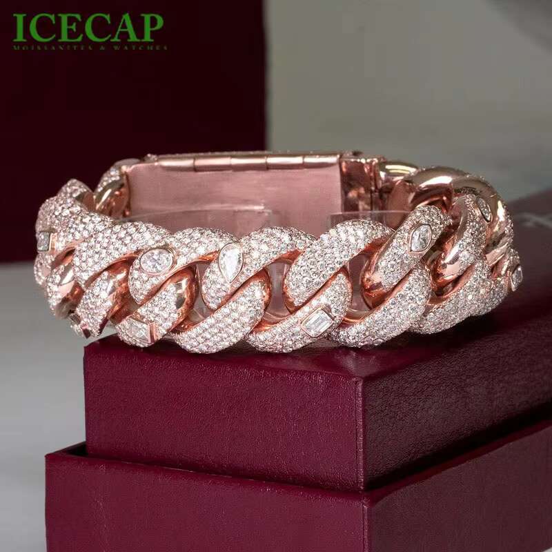 Rose Gold Bubble Cuban Chain Bracelet Iced Out Hiphop VVS Moissanite Silver Bracelet Pass Diamond Tester Fine Jewelry