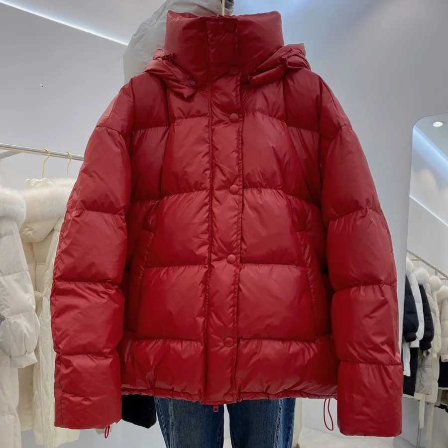 Schinteon Women White Duck Down Jacket with Removable Hood Warm Autumn Winter Outwear Simple Solid Color Casual Over Size CoatT251105