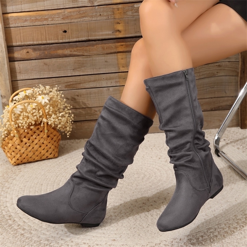 Mid-calf Womens Boots Winter Platform Flat Shoes for Women Fashion Side Zipper Female Vintage Casual Ladies Riding Boot 251104
