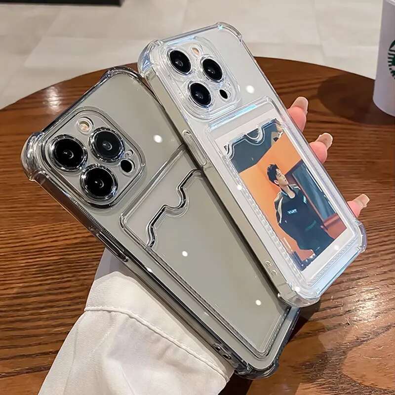 Transparent Card Slot Bag Holder Case For iPhone 16 15 14 13 12 11 Pro Max Mini X XR 7 8 Plus Clear Wallet Shockproof Soft Cover