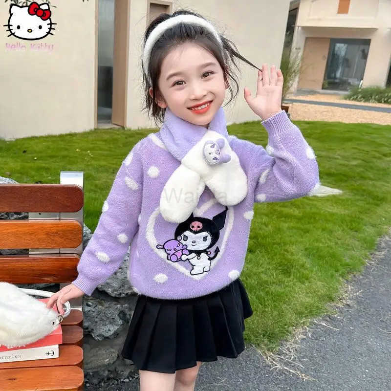 Sanrio Girls Kurom Warm Sweater Anime Autumn and Winter Kawaii New Cartoon Childrens Fashion Thicken Knitted Cardigan Tops H251105