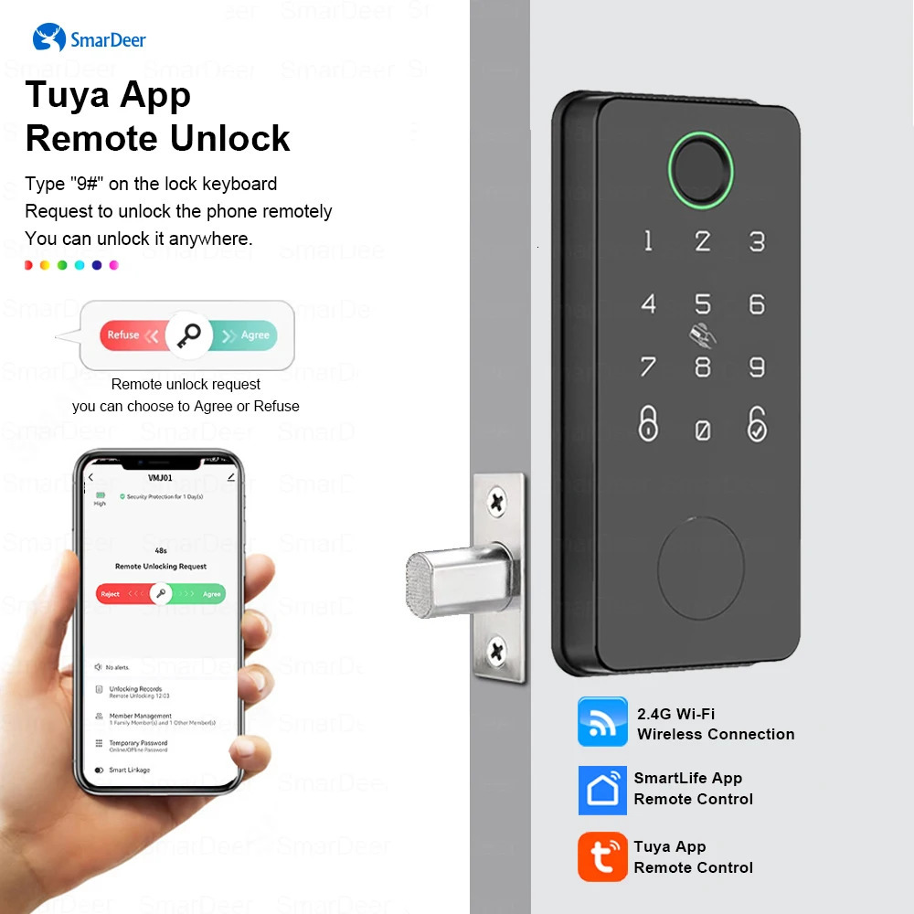 SmarDeer Electronic Door Lock for Tuya Lock with Deadbolt lock Fingerprint Lock Keyless entry with SmartLife App Remote unlock 250402