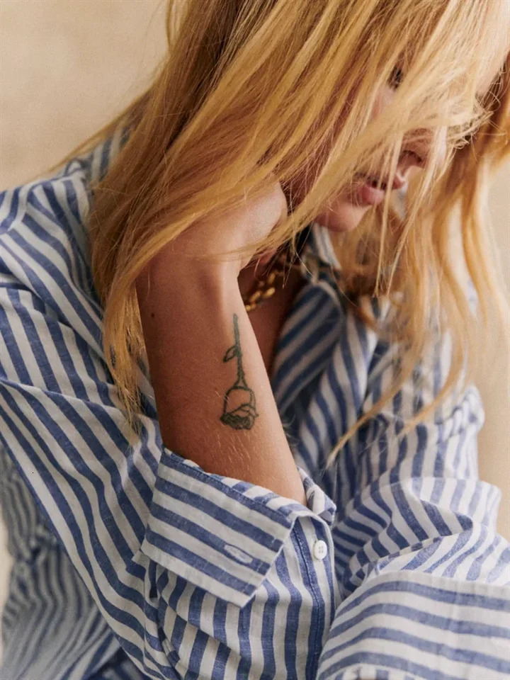 autumn womens striped shirt cotton loose lapel long sleeved womens single chest shirt 250402