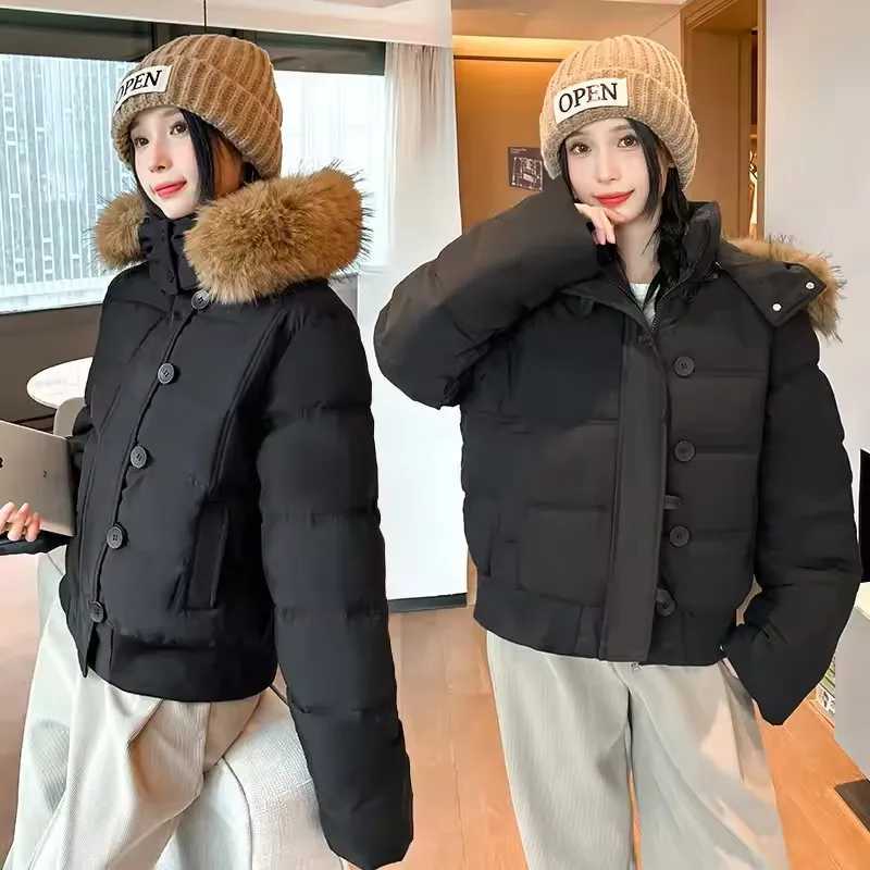 Womens Winter Thick Puffer Cotton Coat Warm Outwear with Faux Fur Removable Hood Short Quilted Jacket Puffy Bubble CoatT251105