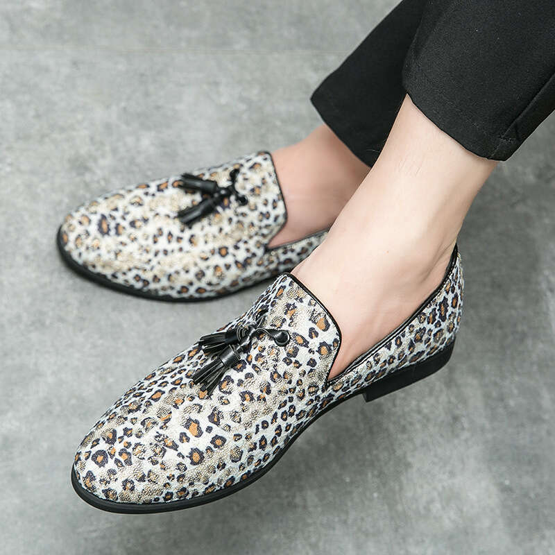 Large fringe leopard print leather bean shoes, men's 38-46 sets of casual loafers, single shoes